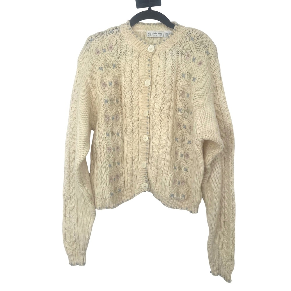 Vintage Cardigan Sweater Women L Cream Cable Knit Wool Blend Grandma Cottage